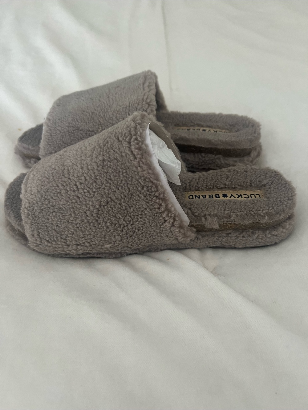 Lucky Brand Plush Sherpa Slides in Taupe